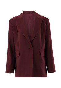 Blazer borgogna con rever a punta, chiusura a un bottone e due tasche frontali. Realizzato in un tessuto testurizzato, con una fodera interna liscia.