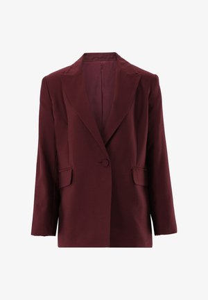 Burgundy blazer with a notched lapel, single button closure, and two front pockets. Made of a textured fabric, featuring a smooth interior lining.