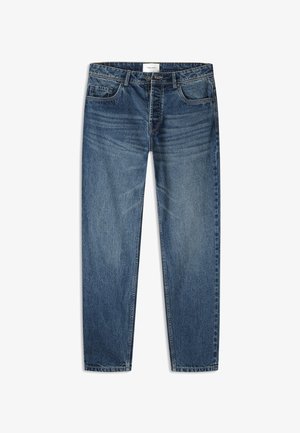 Jeans aus Denim in mittelblauer Waschung mit einem klassischen Fünf-Taschen-Design, geradem Bein, subtilen Wischern und gesteppten Details.