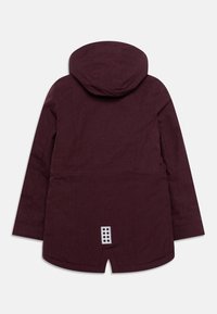 Bordowa parka z kapturem i zaokrąglonym dolnym brzegiem. Charakteryzuje się teksturowanym materiałem oraz szarym akcentem z pięcioma okrągłymi wycięciami z tyłu.