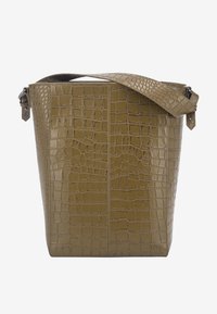 Olive green crocodile-patterned leather tote bag with a flat bottom, wide opening, and adjustable strap featuring silver hardware accents.