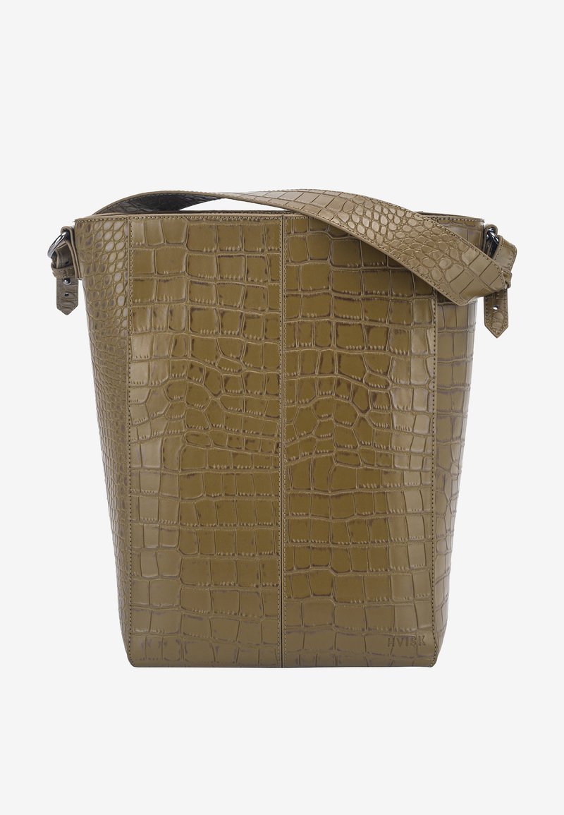 Olive green crocodile-patterned leather tote bag with a flat bottom, wide opening, and adjustable strap featuring silver hardware accents.