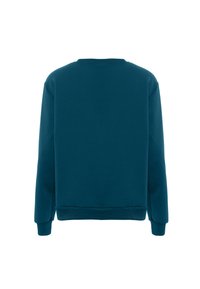 Teal sweatshirt met een ronde hals, lange mouwen en geribbelde manchetten. De stof lijkt zacht en is vervaardigd uit een stevige, textuurrijke materiaal.
