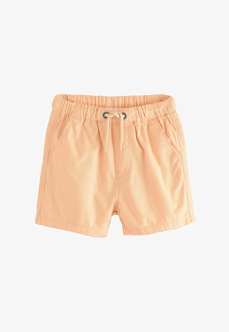 Peach-colored swim shorts with an elastic waistband, drawstring, and two side pockets; smooth texture, casual design.