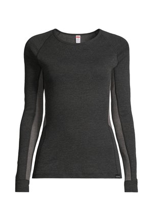 Czarna, długorękawowa koszulka sportowa o gładkiej fakturze, okrągłym dekolcie i oddychających, siatkowych panelach bocznych.