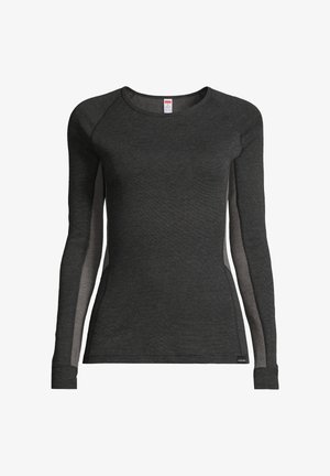 Pitkähihainen urheilupaita tummanharmaana, jossa on sileä rakenne, pyöreä kaula-aukko ja hengittävät verkkosaumat.