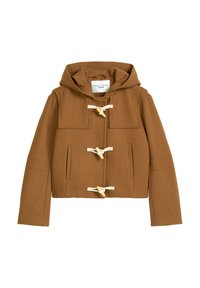 Bruine wolblend cropped jack met een capuchon, voorzien van togglesluitingen en twee voorzakken. Glad textuur en strakke lijnen.