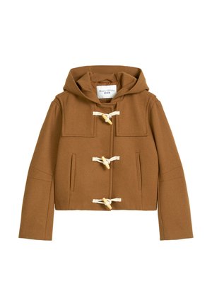 Braune Wollmischung cropped Jacke mit Kapuze, ausgestattet mit Toggle-Verschlüssen und zwei Fronttaschen. Glatte Textur und klare Linien.