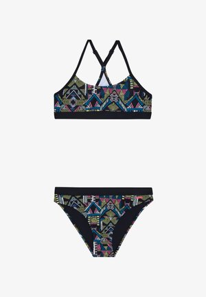 Dvoudílný bikinový set s černým základem a vícebarevnými geometrickými vzory. Vrchní díl má design s racerback; spodní díl je nízko posazený.