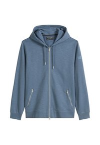 Blauer Kapuzenpullover mit Reißverschluss, Kapuze mit Kordelzug, zwei Reißverschlusstaschen, gerippten Bündchen und einem kleinen Logopatch am Ärmel. Weiche Stoffstruktur.