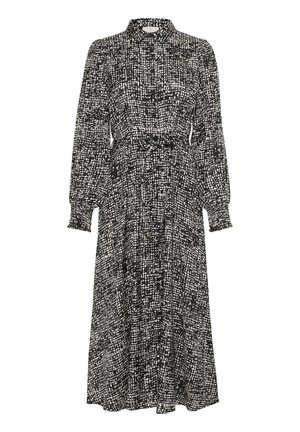 Black and white patterned long dress with a collar, button front, long sleeves, and a belted waist, featuring a flowy, textured fabric.