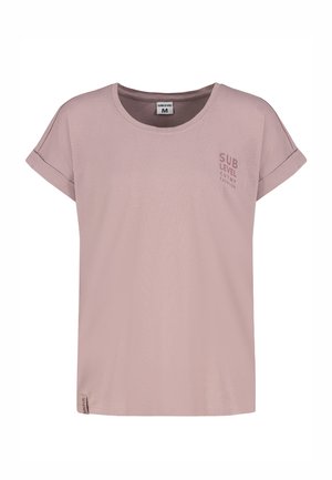 Light mauve short-sleeve t-shirt with rolled cuffs, round neck, and small "SUB LEVEL CNTMP FASHION" text on the upper left chest.