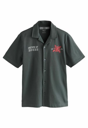 Korte mouwen, donkergrijs geknoopt shirt, voorzien van witte tekst "GUNS N' ROSES" en een rode roos grafiek met "LA CA" op de voorkant. Glad van structuur.