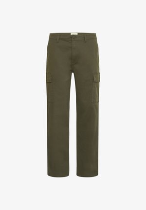 Olive zielone spodnie bojówki wykonane z bawełny, z prostą nogawką, dwoma kieszeniami po bokach oraz zapięciem na guziki z przodu.