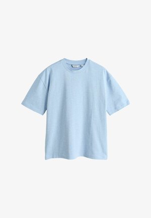 Light blue short-sleeve crew neck t-shirt with relaxed fit, made from soft cotton fabric, displayed on a white background.