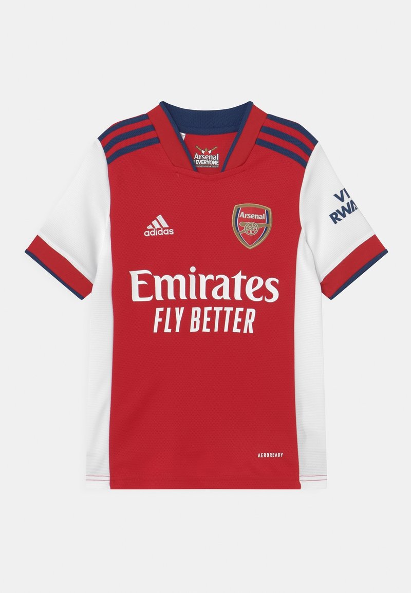 Maglietta da football corta a maniche rosse e bianche con collo rotondo, con "Emirates" sul davanti e logo Adidas sul lato sinistro del petto.