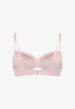 Reggiseno imbottito rosa chiaro con sottili spalline regolabili e bordo in pizzo lungo il bordo superiore, visto da dietro.