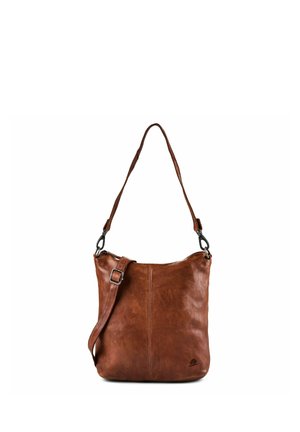 Borsa a tracolla in pelle marrone con tracolla regolabile e dettagli argentati, forma rettangolare con angoli inferiori leggermente arrotondati.