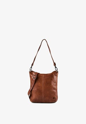 Bolso de hombro de piel marrón con correa ajustable y herrajes plateados, forma rectangular con bordes inferiores ligeramente redondeados.