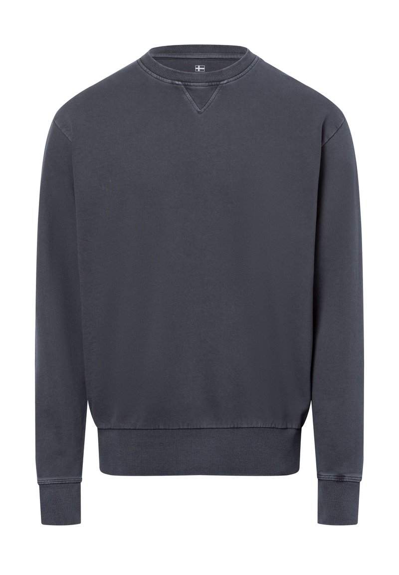 Dark gray sweatshirt with a crew neck, ribbed cuffs, and hem. Features a subtle texture and a small logo on the collar. Classic fit design.