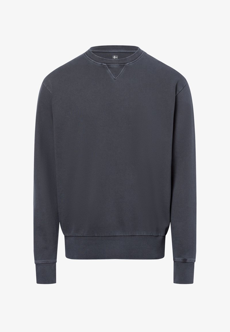 Dark gray sweatshirt with a crew neck, ribbed cuffs, and hem. Features a subtle texture and a small logo on the collar. Classic fit design.