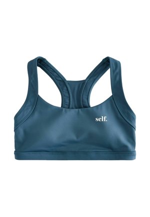 Blauer Racerback-Sport-BH mit dem Text „"self."“ auf der Vorderseite, entwickelt für aktive Sportkleidung und Unterstützung.