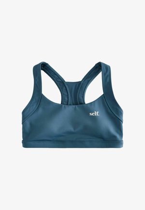 Sujetador deportivo azul con espalda racer y texto ""self."" en la parte delantera, diseñado para ropa deportiva y soporte.
