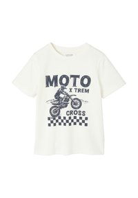 White cotton t-shirt featuring a navy graphic of a motorcycle rider, with "MOTO X TREM CROSS" text and a black checkered pattern below.