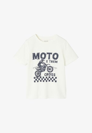White cotton t-shirt featuring a navy graphic of a motorcycle rider, with "MOTO X TREM CROSS" text and a black checkered pattern below.