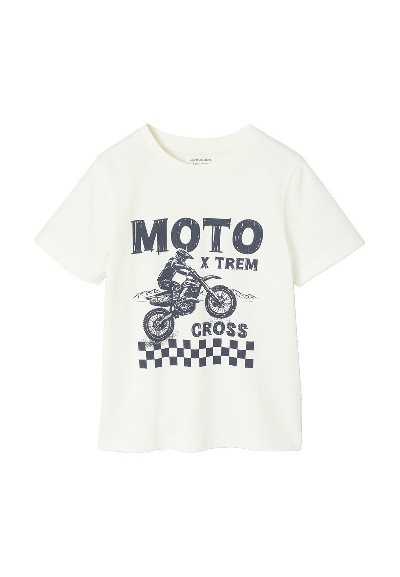 White cotton t-shirt featuring a navy graphic of a motorcycle rider, with "MOTO X TREM CROSS" text and a black checkered pattern below.