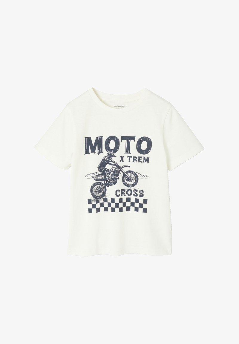 White cotton t-shirt featuring a navy graphic of a motorcycle rider, with "MOTO X TREM CROSS" text and a black checkered pattern below.