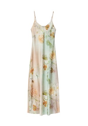 Floral gemustertes Trägerkleid aus weichem Stoff in Pfirsich-, Grün- und Cremetönen. Dünne verstellbare Träger und lockere Passform.