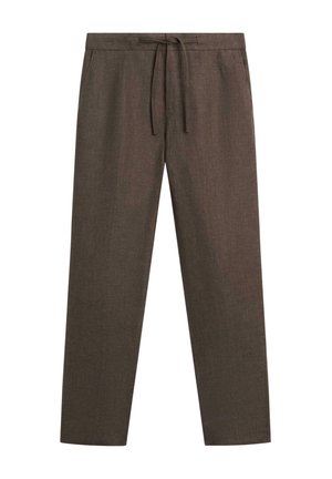 Pantalon droit marron avec taille à cordon et poches latérales, présenté à plat sur fond blanc.