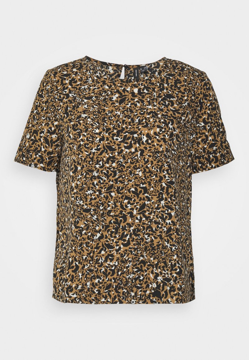 Top de manga curta com estampa de leopardo em tons de bege e preto. Apresenta um decote redondo e um corte descontraído. Fabricado em tecido suave e leve.