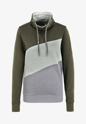 Olivroheline ja helesinine dressipluus kõrge krae, nööriga ja diagonaalse värvilise plokiga disainiga. Pehme kangas ribageeliste mansettidega.