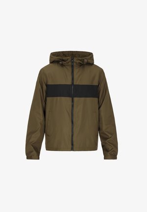 Olive green hooded jacket with a black horizontal stripe, full front zipper, two side pockets, and elastic cuffs. Smooth, lightweight fabric.