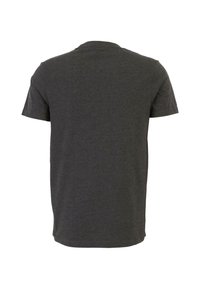 Tricou scurt cu mânecă, de culoare gri închis, cu guler rotund, fabricat dintr-un amestec de bumbac, și un design simplu, fără logo-uri sau modele vizibile.