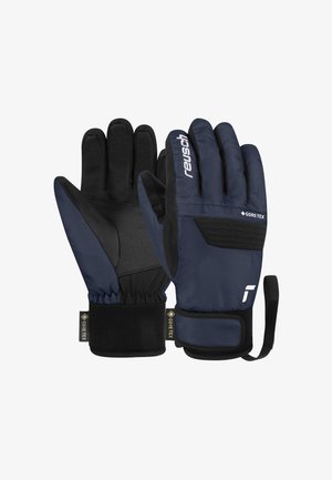 Marineblaue Handschuhe mit schwarzen Lederpalmen, aus GORE-TEX-Material hergestellt. Mit einem sicheren Handgelenkband und verstärkten Akzenten.