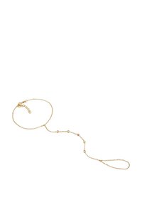 Goldkette-Armband mit runden, facettierten Akzenten und einem Karabinerverschluss. Das Design ist zart und zeigt abwechselnd Edelsteine entlang der Kette.