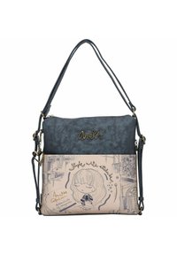 Blaue Kunstleder-Schultertasche mit abnehmbarem Trageriemen. Sie verfügt über ein hellrosa unteres Panel mit einer Mädchenillustration und Text sowie goldfarbene Beschläge.