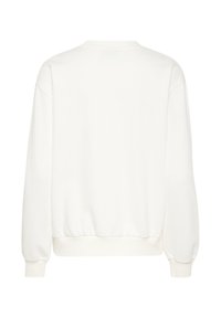 White sweatshirt featuring a relaxed fit, ribbed cuffs and hem, and a smooth texture. The design has no visible logos or patterns.