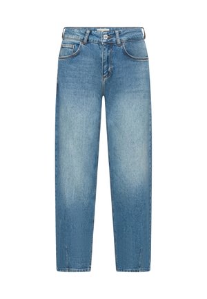 Jean en denim bleu clair avec poches avant, bouton, fermeture éclair, passants pour ceinture et petites fentes en bas de chaque jambe.