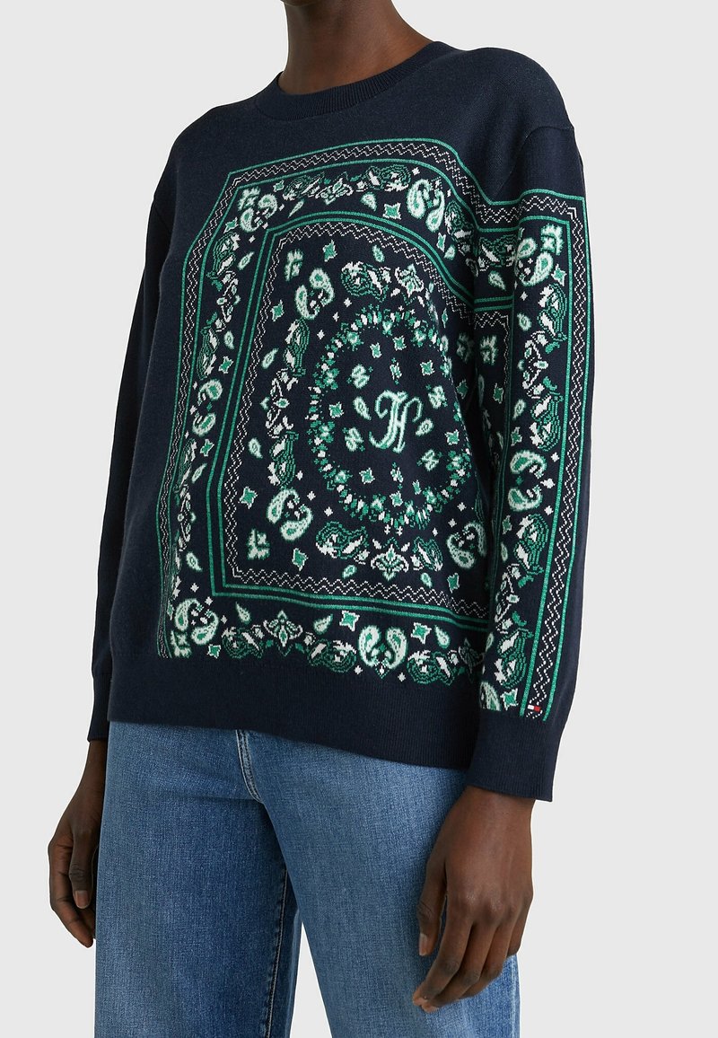 Navyblauw trui met een groen en wit ornamentpatroon, ronde hals, lange mouwen en geribde manchetten, met een centraal monogramdetail.