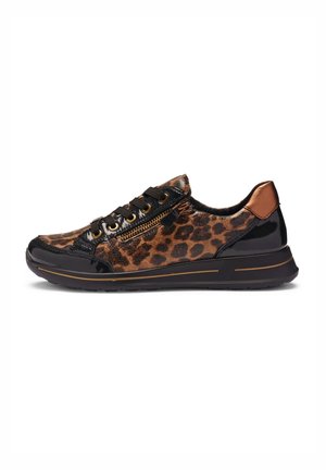 Leopard-print sneaker featuring black patent accents, gold hardware, lace-up fastening, and a cushioned sole for comfort.
