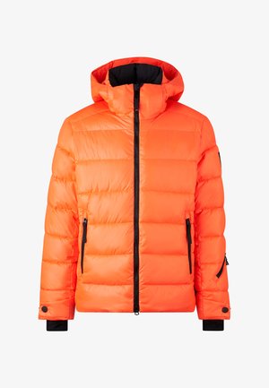 Puffer jacket in bright orange, featuring a zip front, detachable hood, black accents, and two side zip pockets with quilted texture.