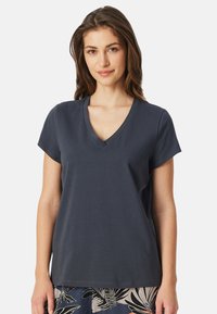 Dark gray V-neck t-shirt with short sleeves made from soft fabric, featuring a relaxed fit and minimal stitching details.