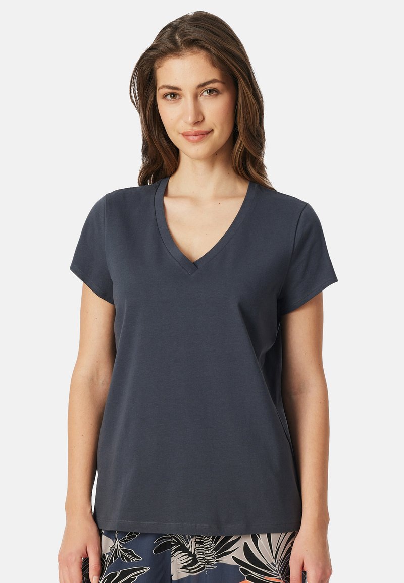 Dark gray V-neck t-shirt with short sleeves made from soft fabric, featuring a relaxed fit and minimal stitching details.