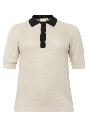 Polo à manches courtes en beige clair avec un col en rib à rayures noires et une patte de boutonnage, fabriqué en matériau tricoté texturé.