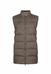Brun puffig väst med hög krage, dragkedja framtill och två tryckknappar vid halsen. Tillverkad av ett texturerat, varmt tyg med en quiltad design.
