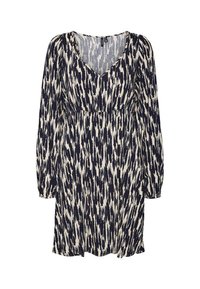 Robe avec un décolleté en V profond, des manches longues et une coupe ample. Le motif présente des traits de pinceau abstraits bleu marine et crème sur un tissu léger.